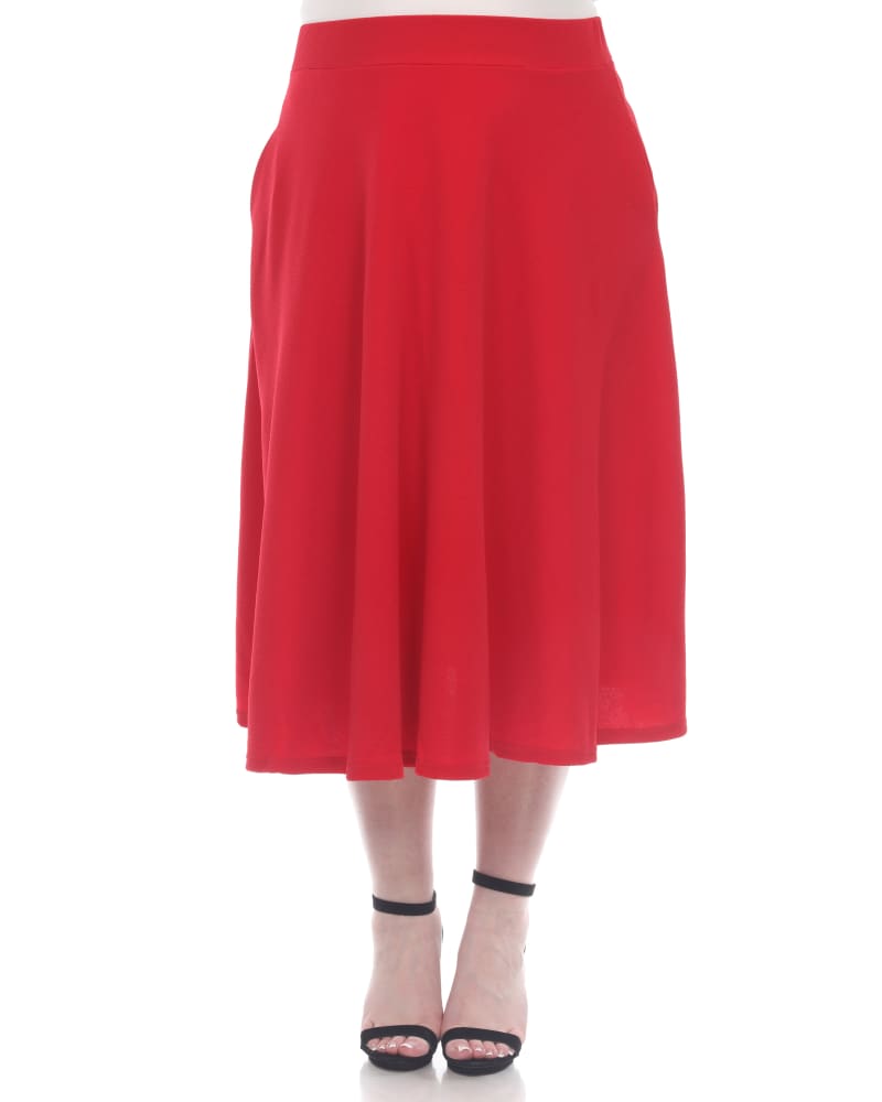 Front of a model wearing a size 1X Tasmin Flare Midi Skirt in Red by White Mark. | dia_product_style_image_id:249176